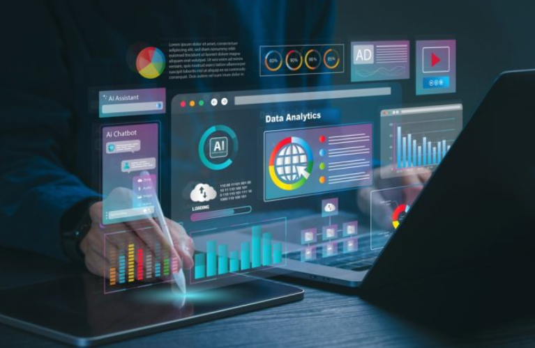 AI business concept showing smart automation and data analytics in a modern company environment